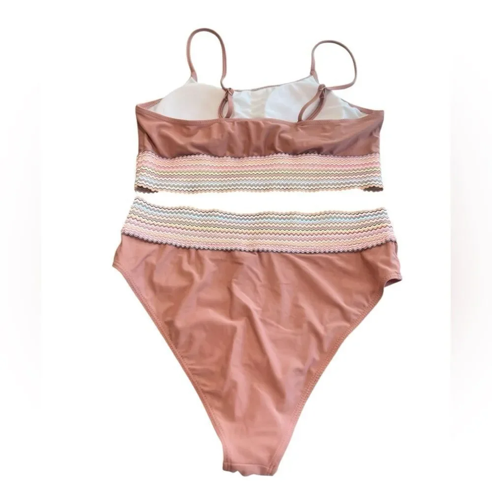 Women’s Dusty Rose Bikini Set | Rainbow Smocked Band | Size Large